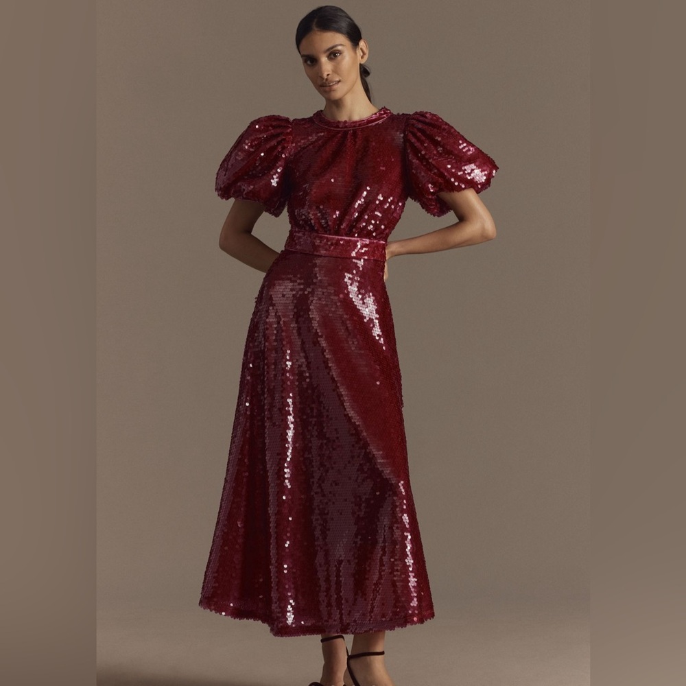 NWT Anthropologie CELIA B seraph puff-sleeve sequin midi dress in cherry size S